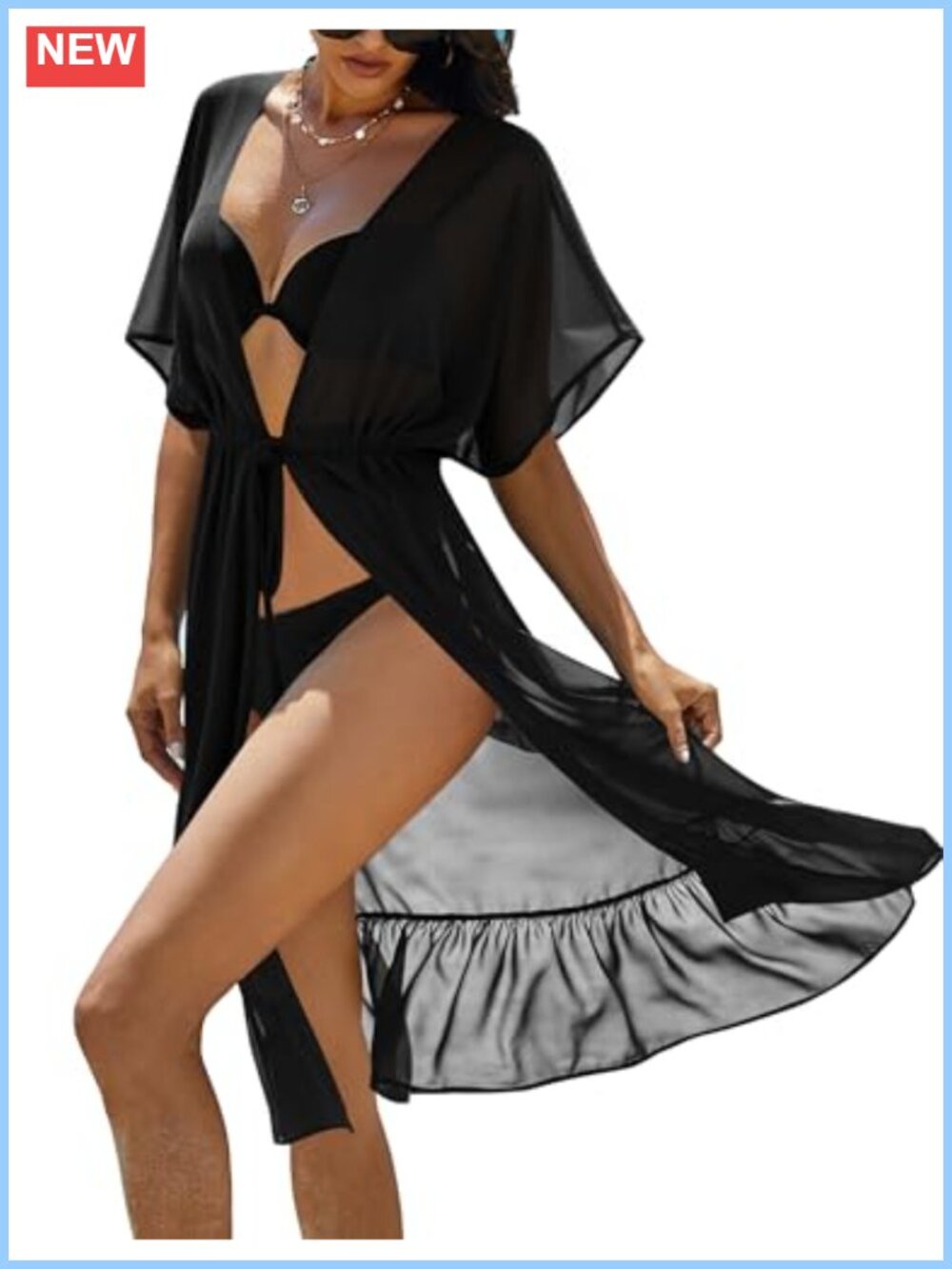 Ekouaer Chiffon Kimono Cover Up Short Sleeve Midi Beach Swimwear